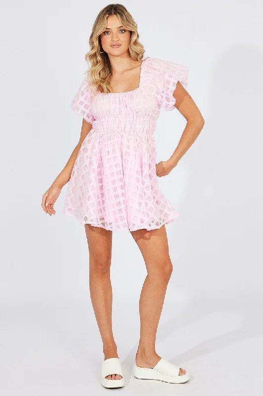 Spring Fashion Pink Fit And Flare Dress Puff Sleeve Mini