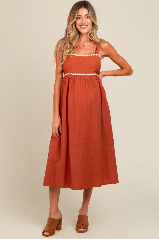 Spring Fashion Rust Contrast Trim Maternity Midi Dress